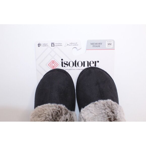isotoner Shoes - isotoner Memory Foam Slippers M 6.5-7 Cushioned Black Gray Faux Fur Lined NIB